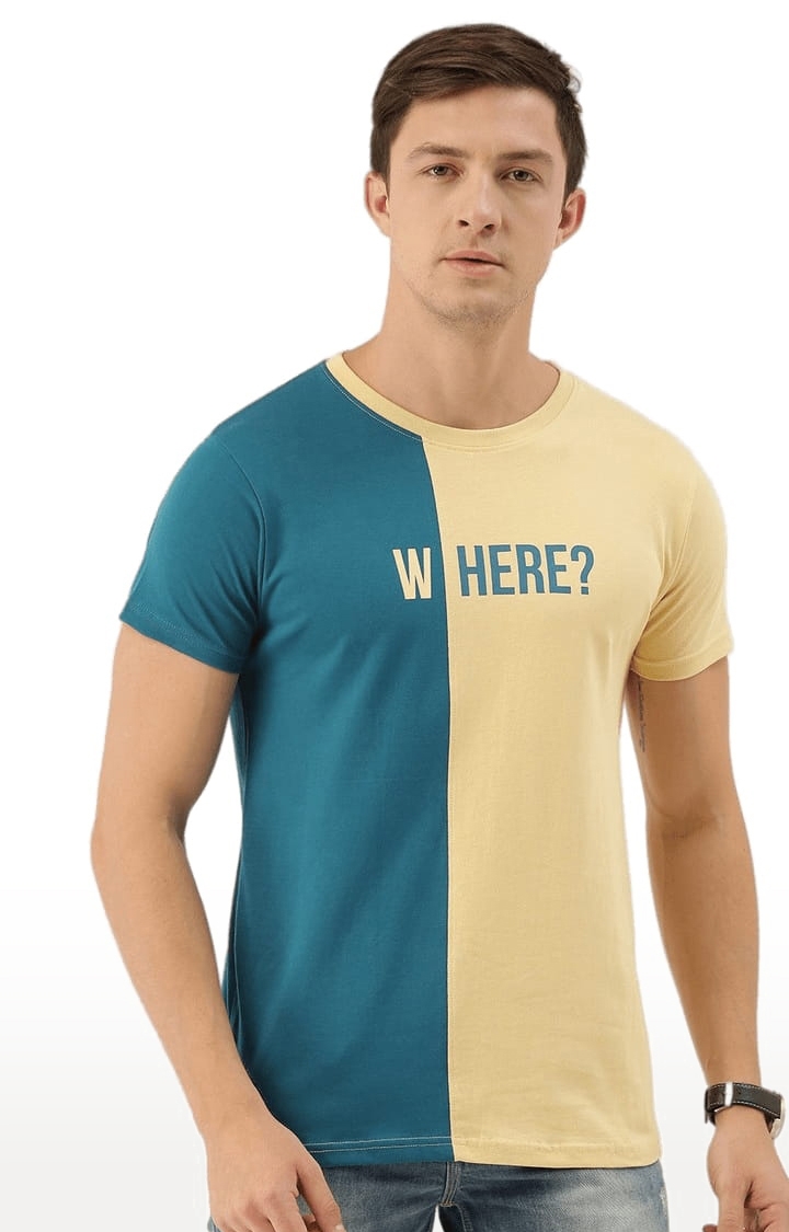 Men's Blue & Beige Cotton Colourblocked Regular T-Shirt