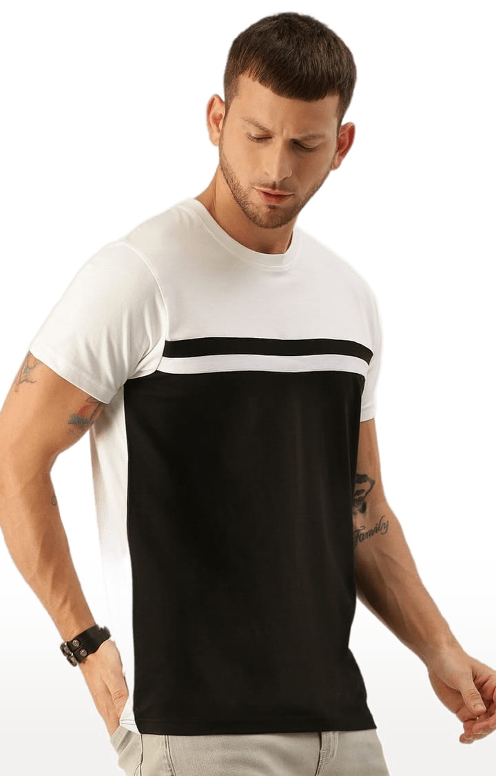 Men's White and Black Cotton Colourblock T-Shirts