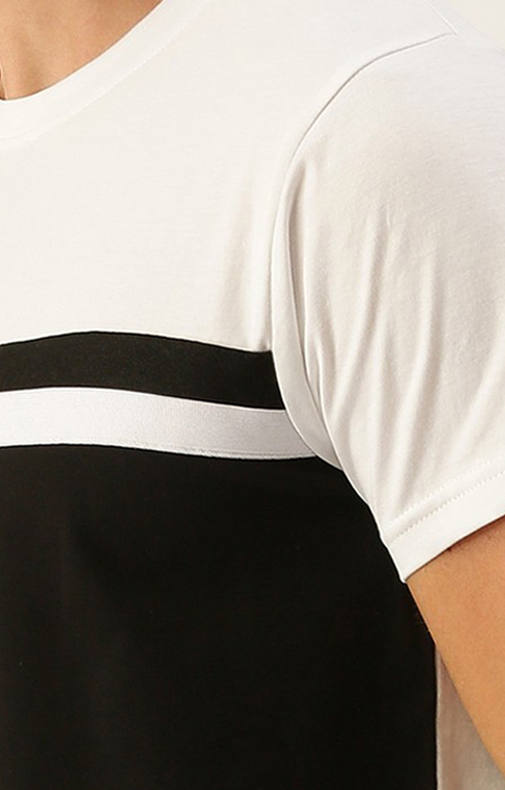 Men's White & Black Cotton Colourblocked Regular T-Shirt