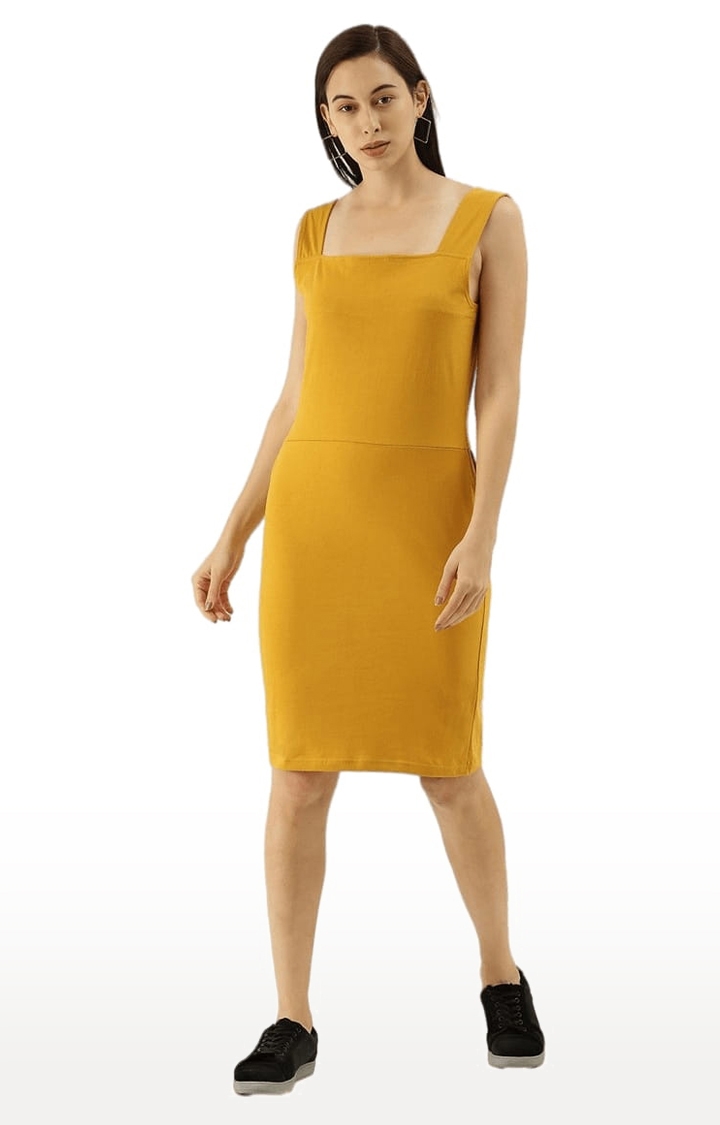 Women's Yellow Cotton Solid Bodycon Dress
