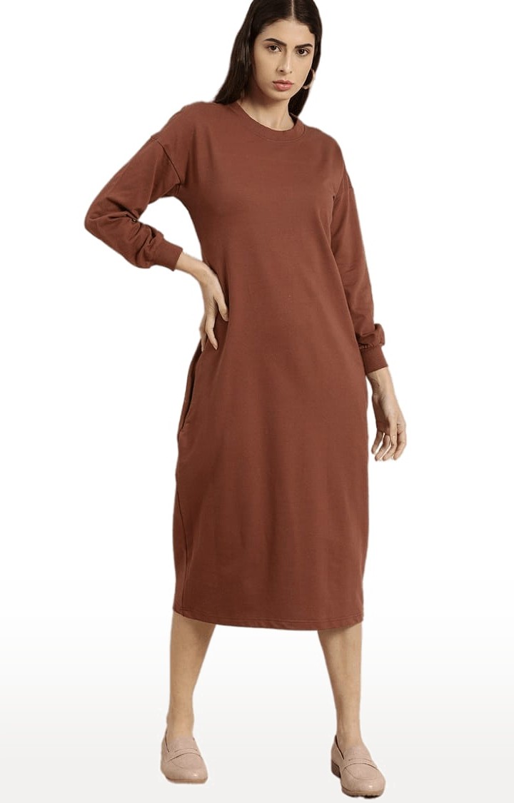 Women's Brown Cotton Solid Shift Dress
