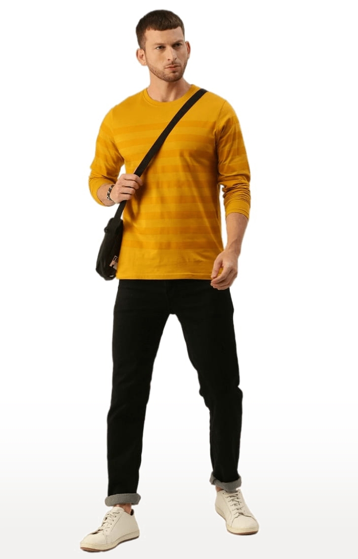 Men's Yellow Cotton Striped Regular T-Shirt