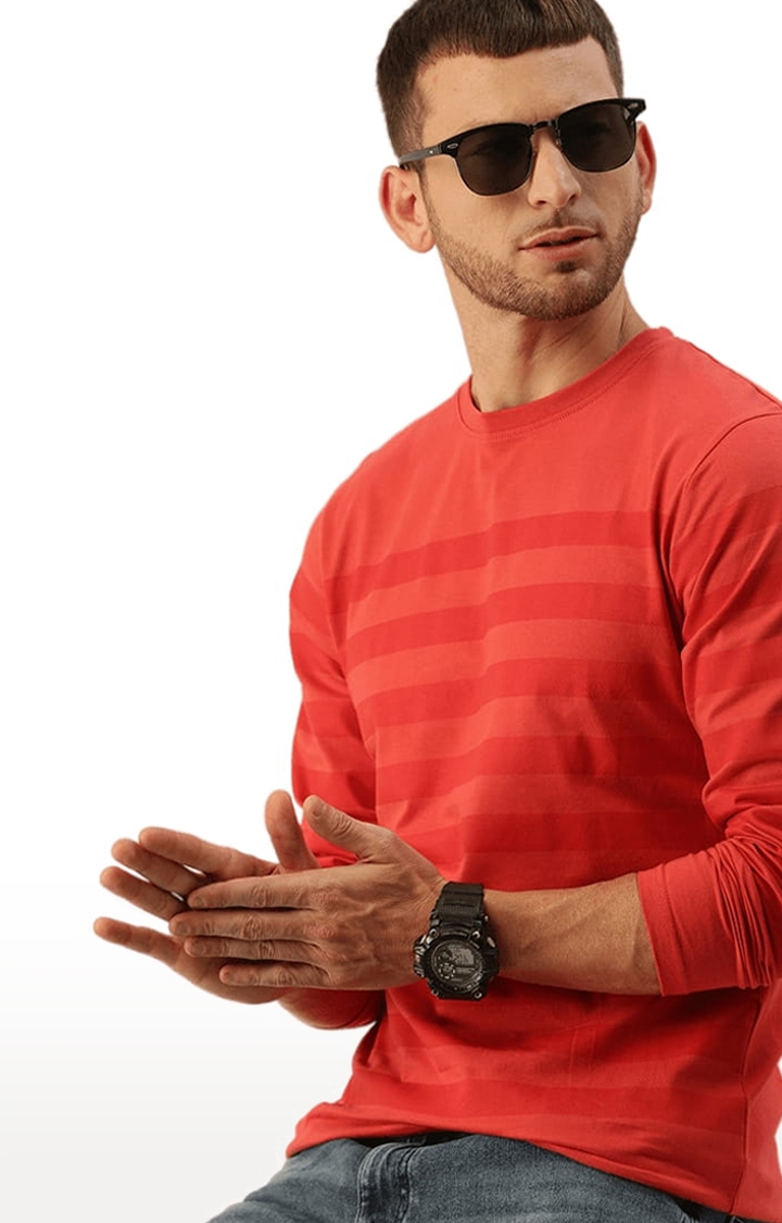 Men's Red Cotton Striped Regular T-Shirt