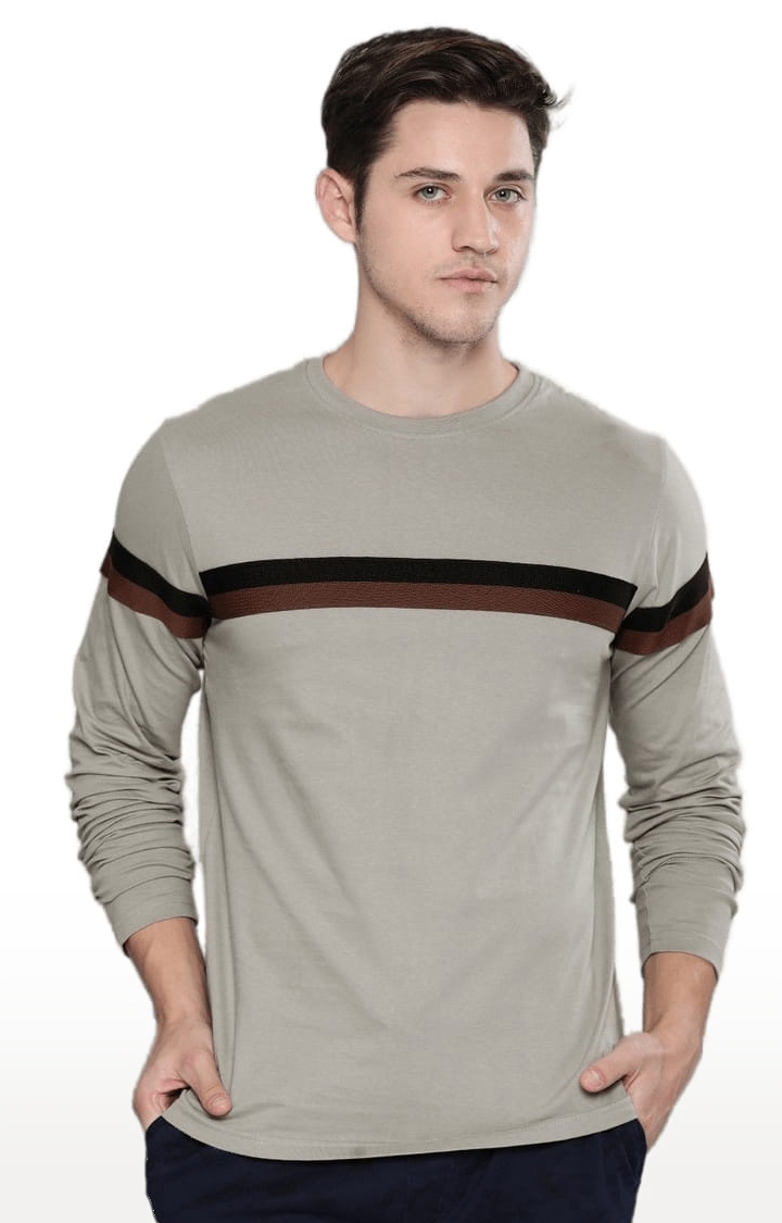 Men's Grey Cotton Striped Regular T-Shirt