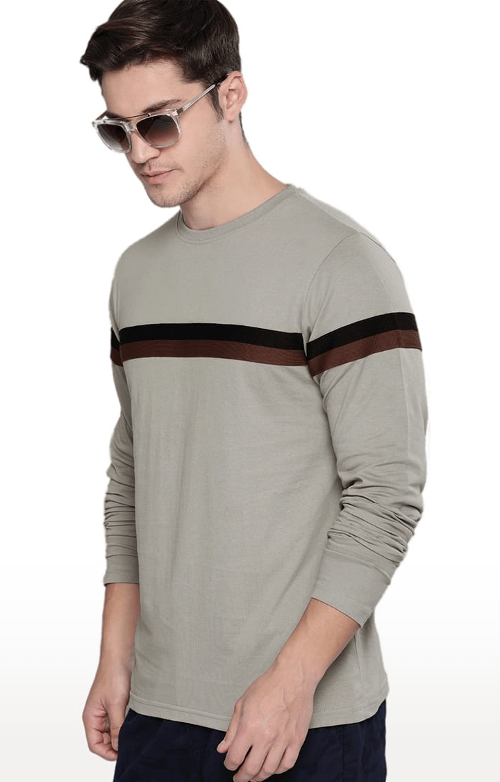 Men's Grey Cotton Striped Regular T-Shirt