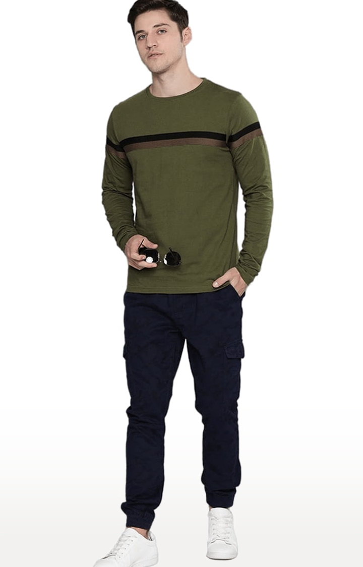 Men's Green Cotton Striped Regular T-Shirt