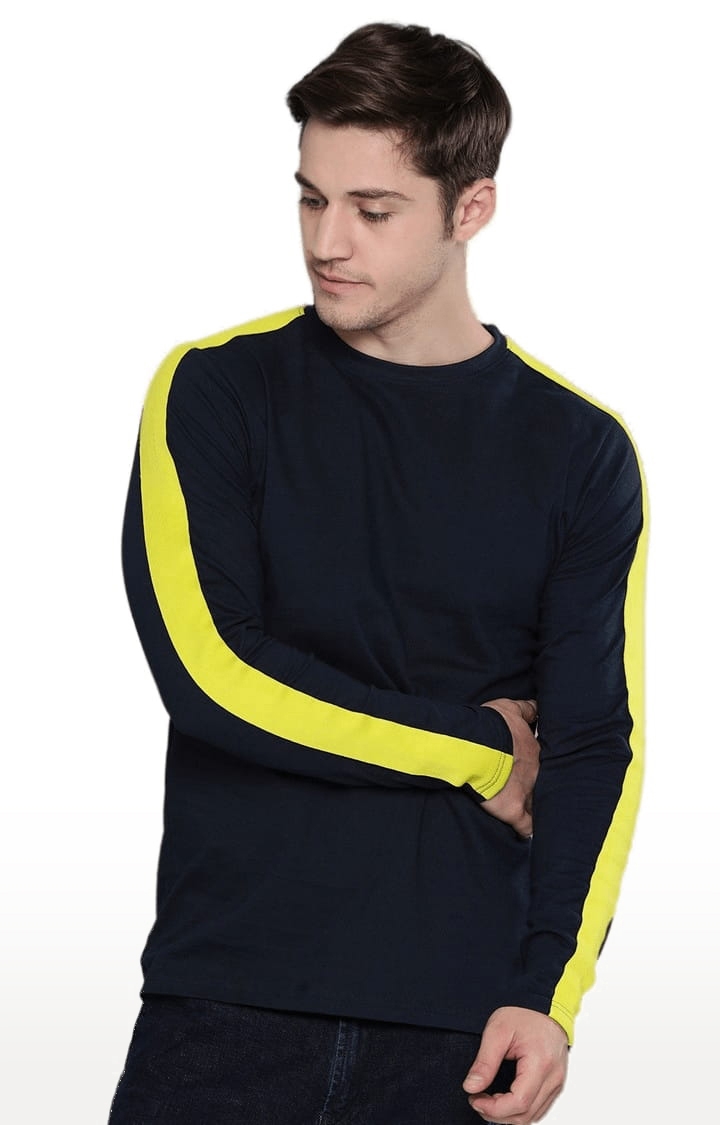 Men's Blue & Yellow Cotton Solid Regular T-Shirt