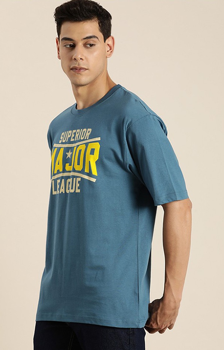 Men's Blue Cotton Printed Oversized T-Shirts