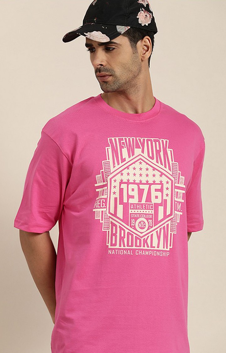 Men's Pink Cotton Typographic Oversized T-Shirts