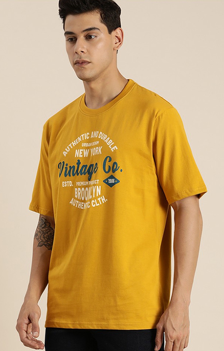 Men's Yellow Cotton Typographic Oversized T-Shirts