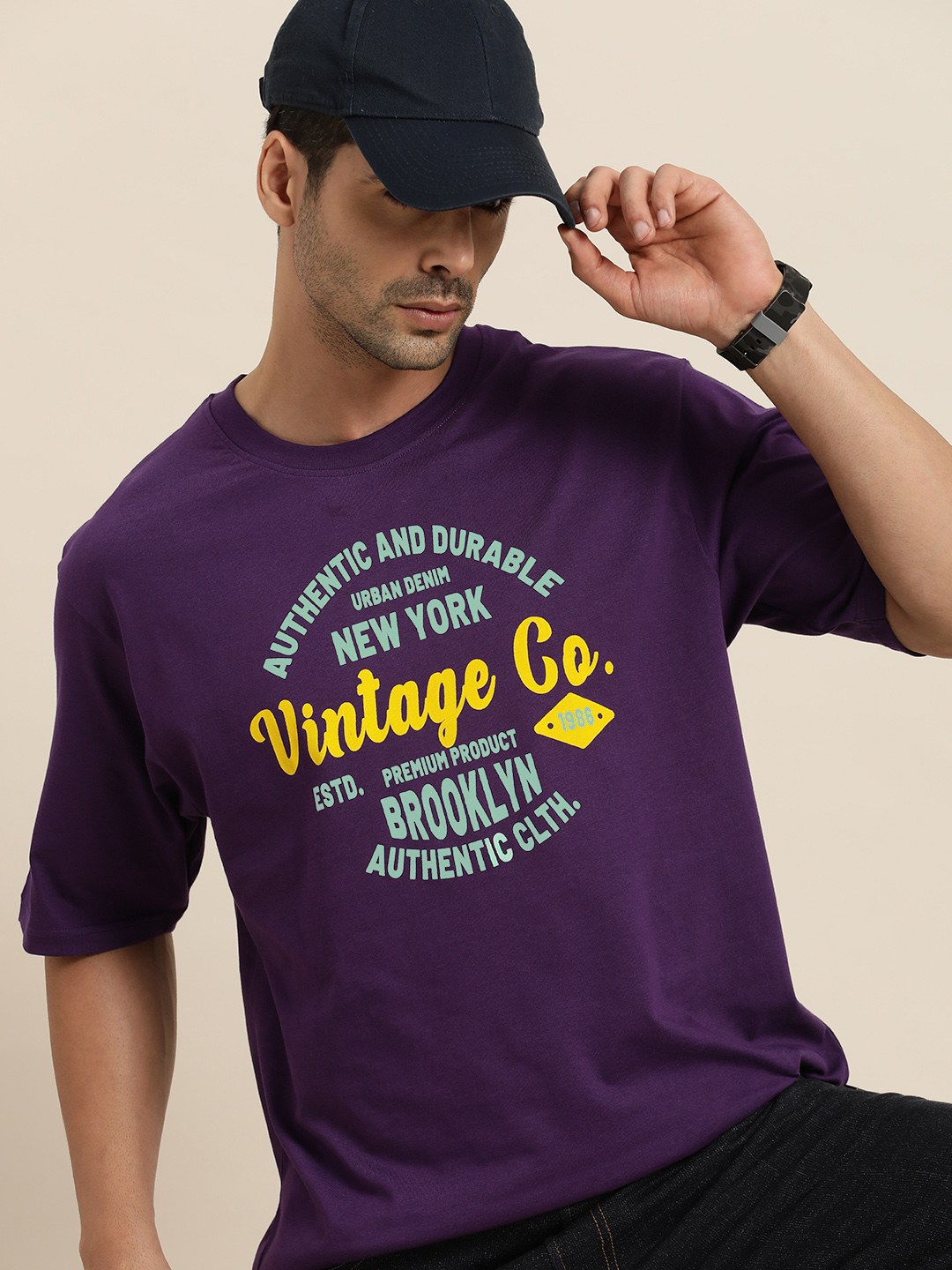 Men's Purple Cotton Typographic Oversized T-Shirts