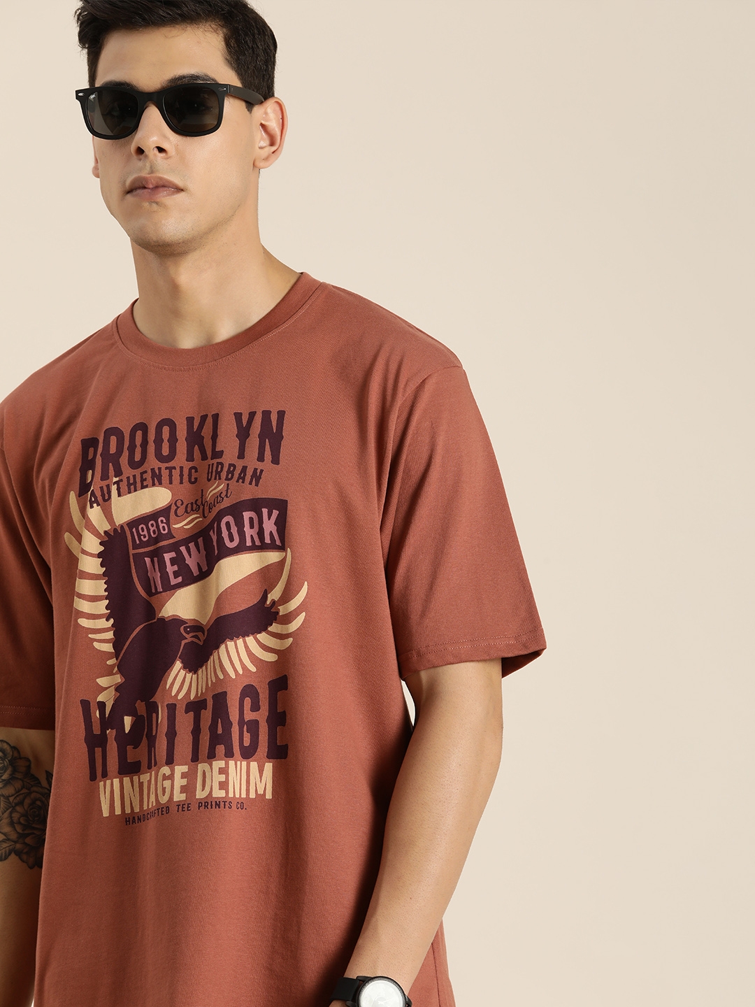 Men's Brown Cotton Typographic Oversized T-Shirts