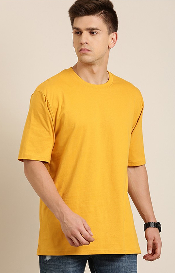 Men's Yellow Cotton Solid Oversized T-Shirts
