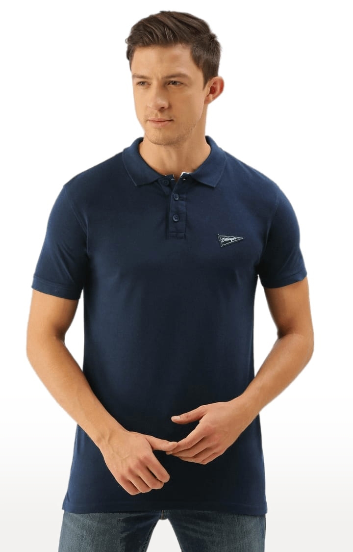 Men's Navy Cotton Solid Polos T-shirt