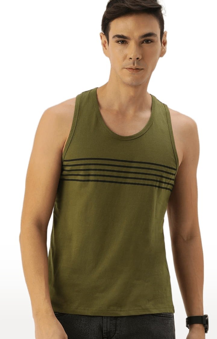 Men's Green Cotton Striped Vest