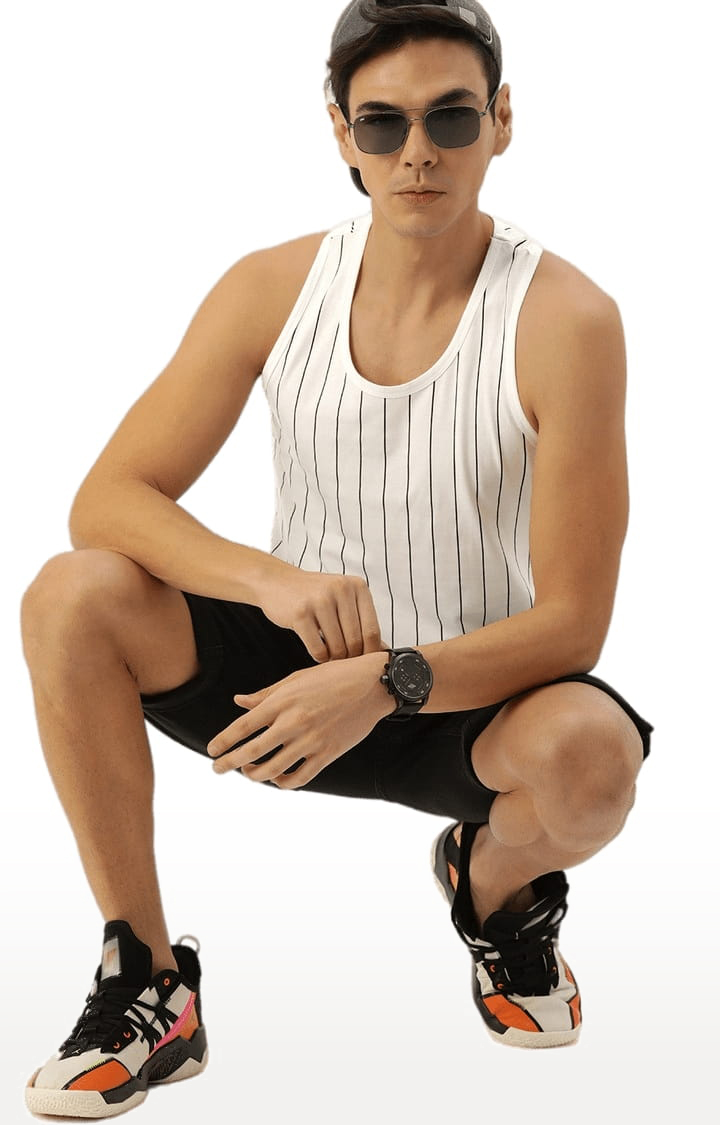 Men's White Cotton Striped Vest