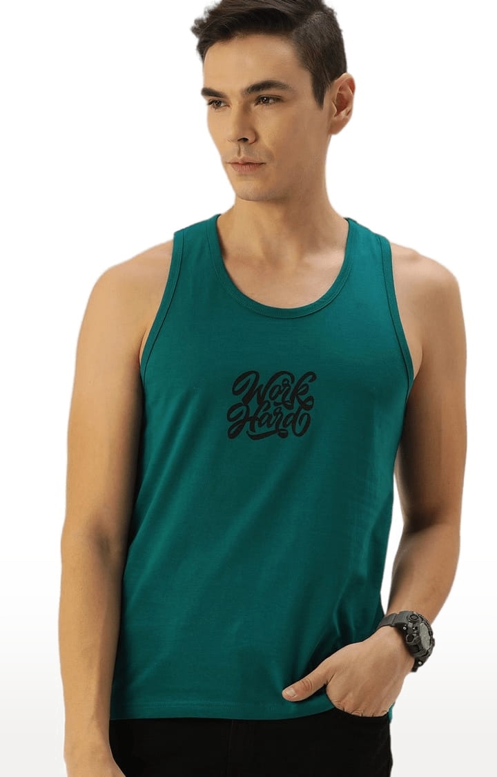Men's Green Cotton Typographic Printed Vest