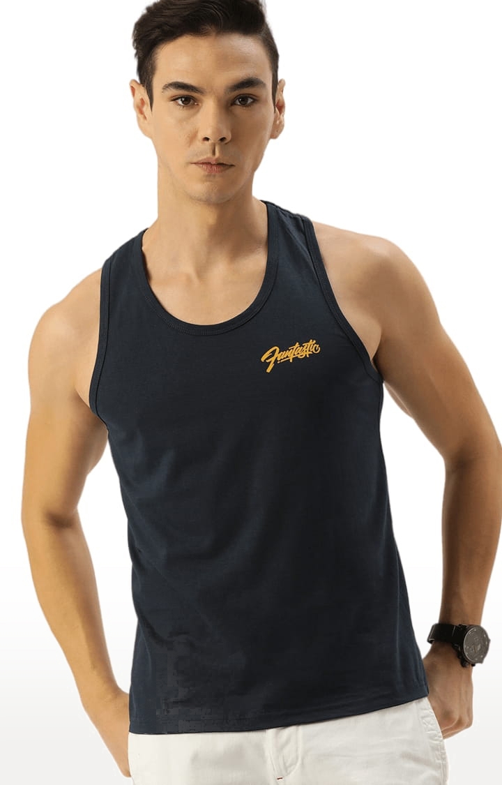 Men's Navy Cotton Typographic Printed Vest