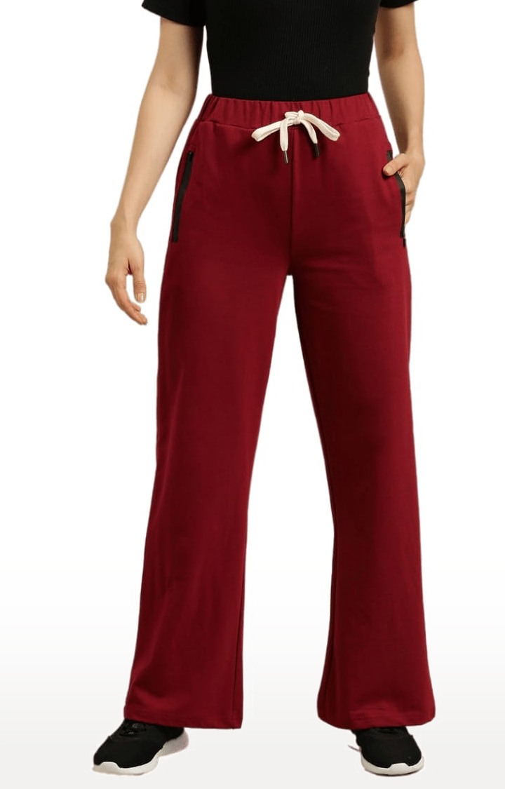 Women's Red Cotton Solid Casual Pants