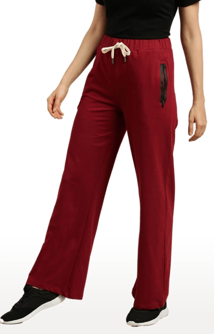 Women's Red Cotton Solid Casual Pants