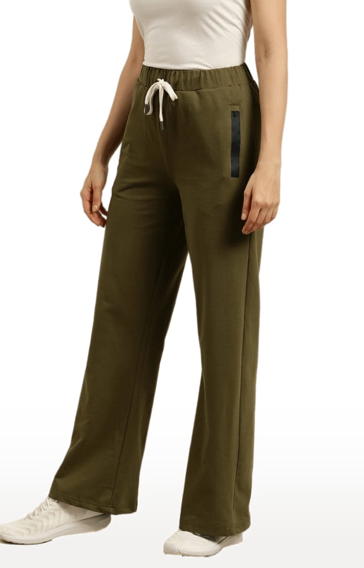 Women's Green Cotton Solid Casual Pants