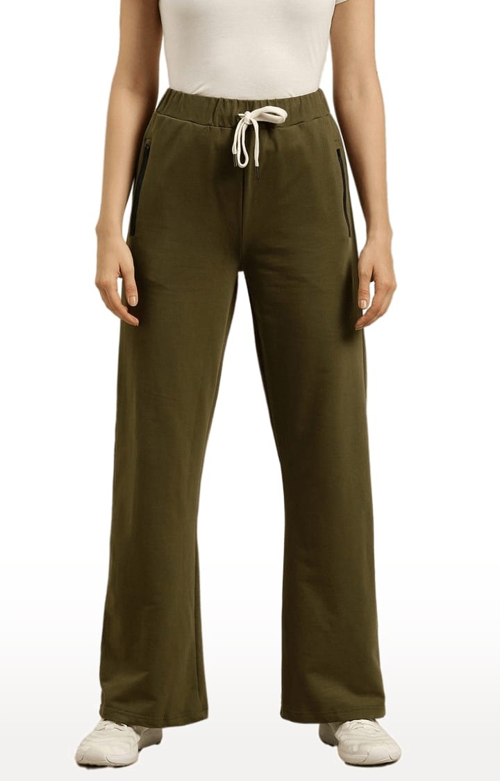 Women's Green Cotton Solid Casual Pants