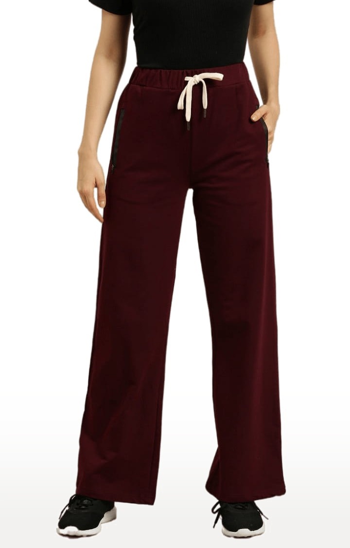 Women's Red Cotton Solid Casual Pants