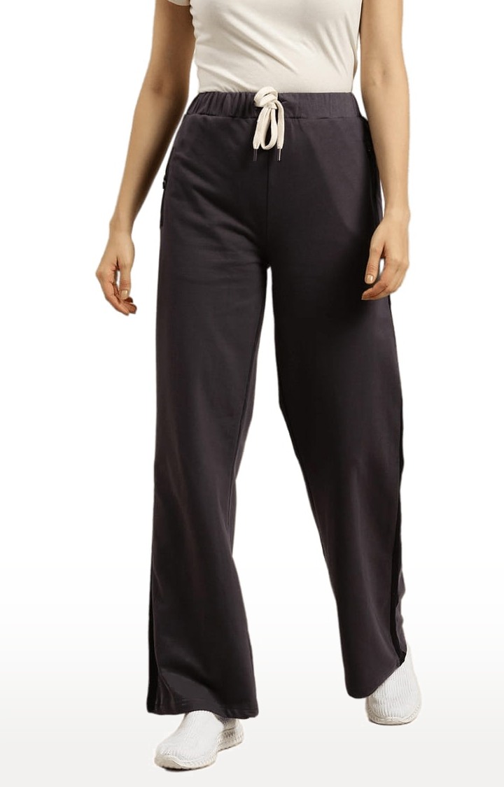 Women's Grey Cotton Solid Casual Pants