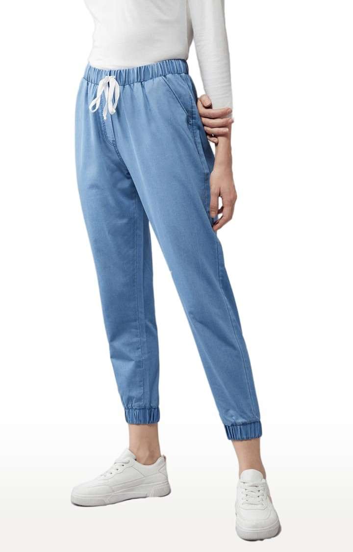 Women's Blue Cotton Solid Joggers Jeans