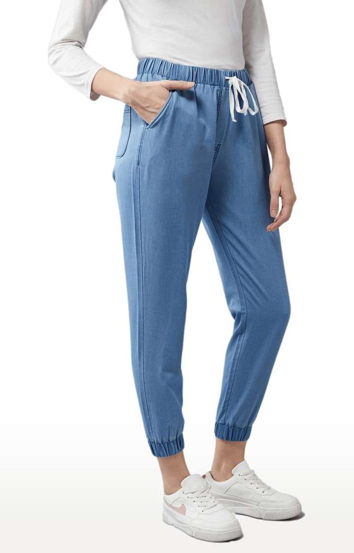 Women's Blue Cotton Solid Joggers Jeans