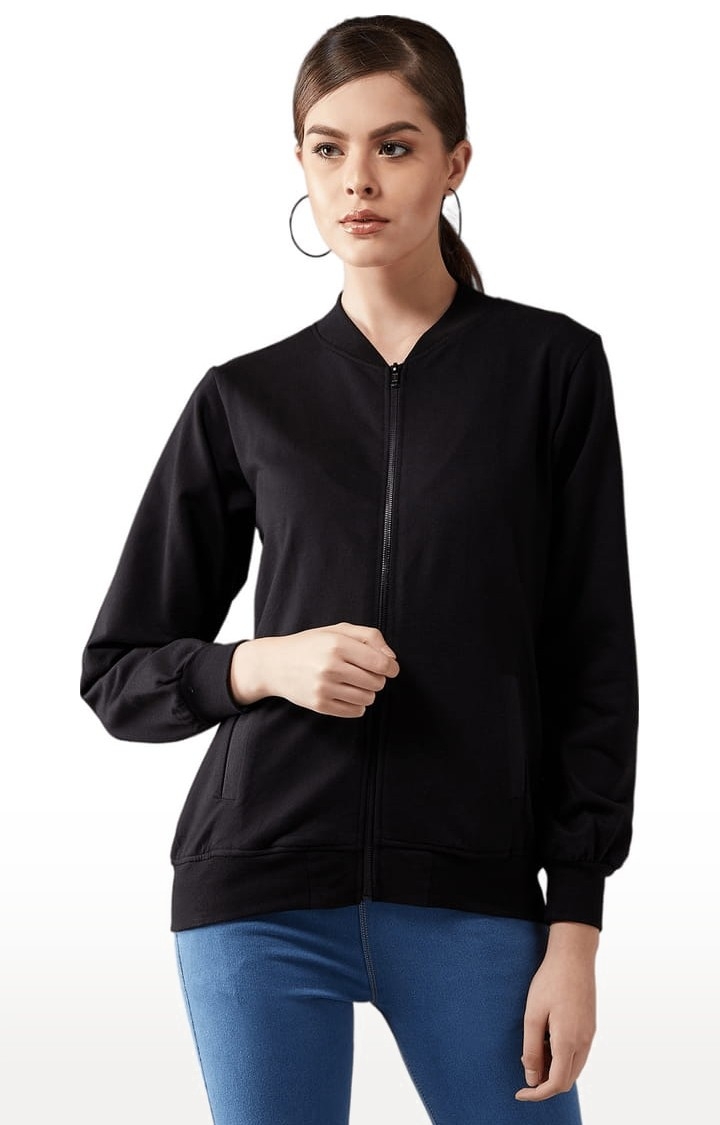 Women's Black Cotton Solid Activewear Jacket