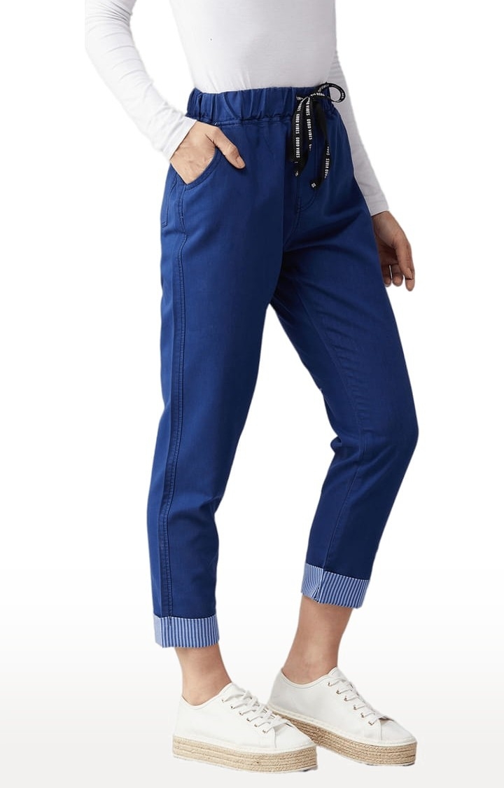 Dolce Crudo | Women's Blue Cotton Solid Joggers Jeans