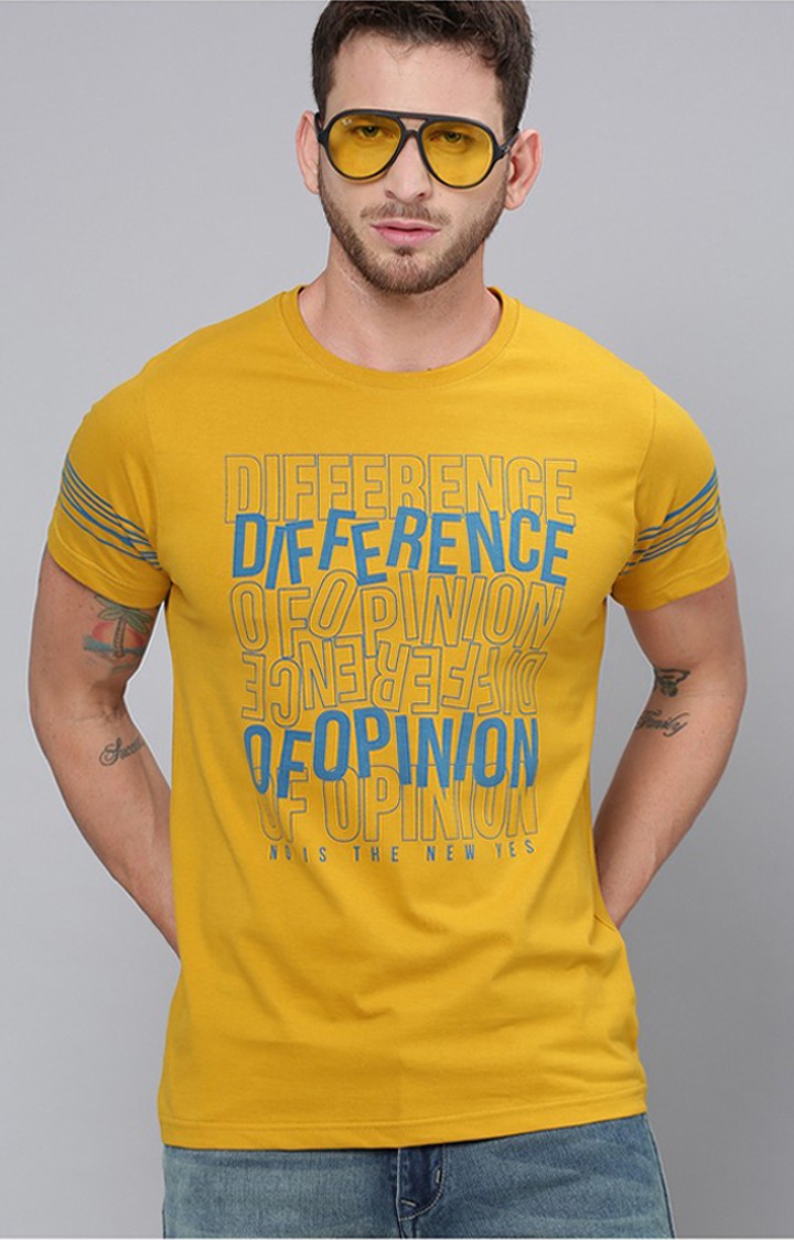 Men's Yellow Cotton Typographic Printed Regular T-Shirt