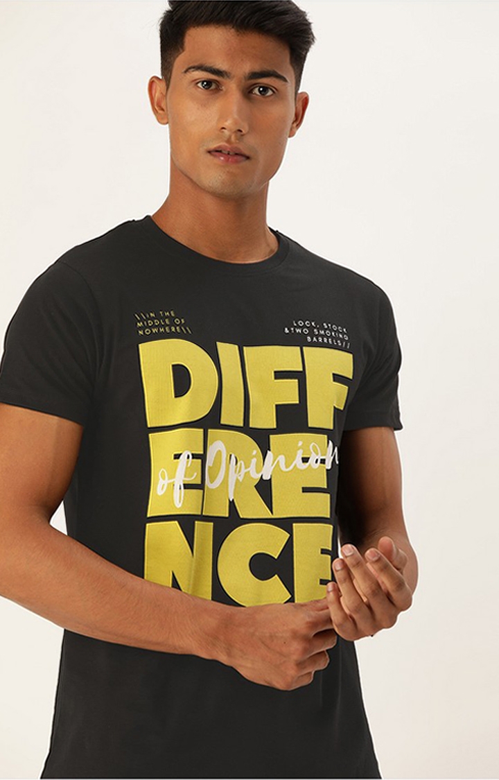 Men's Black Cotton Typographic Printed Regular T-Shirt