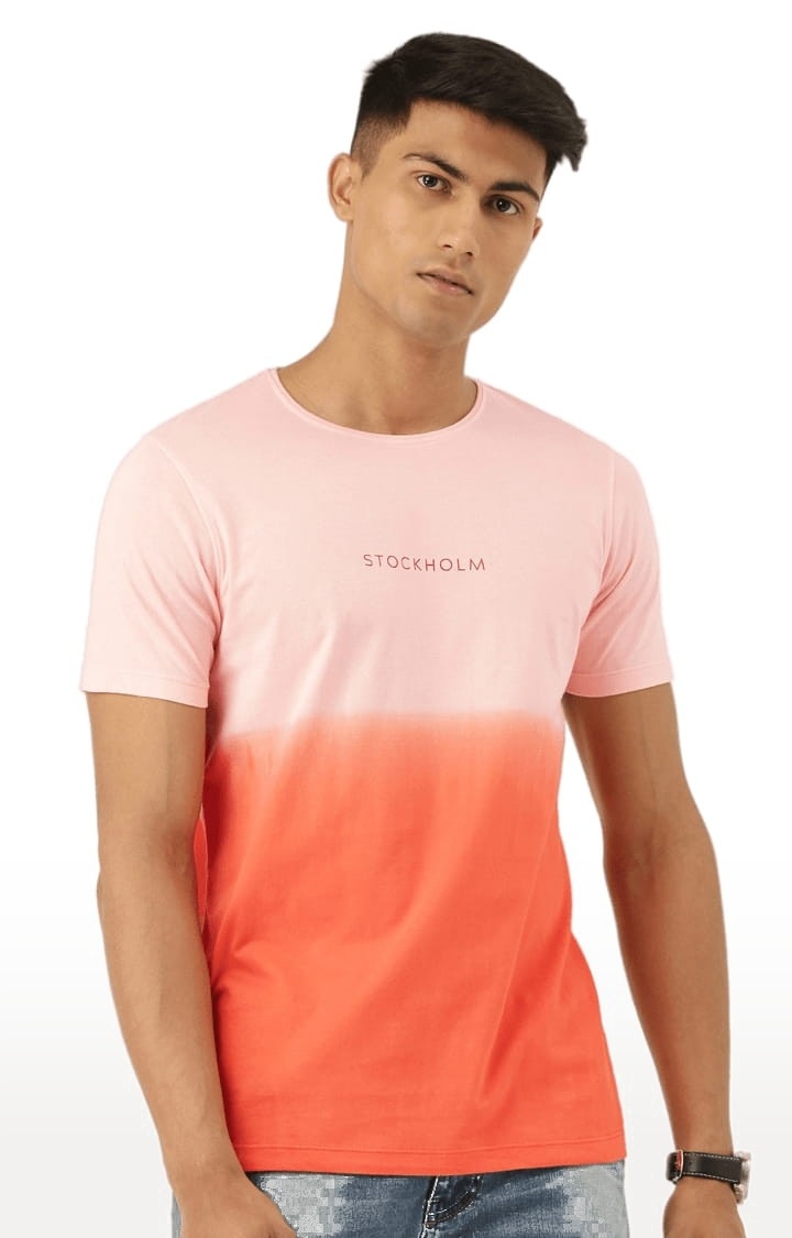 Men's Pink and Orang Cotton Typographic Printed T-Shirt