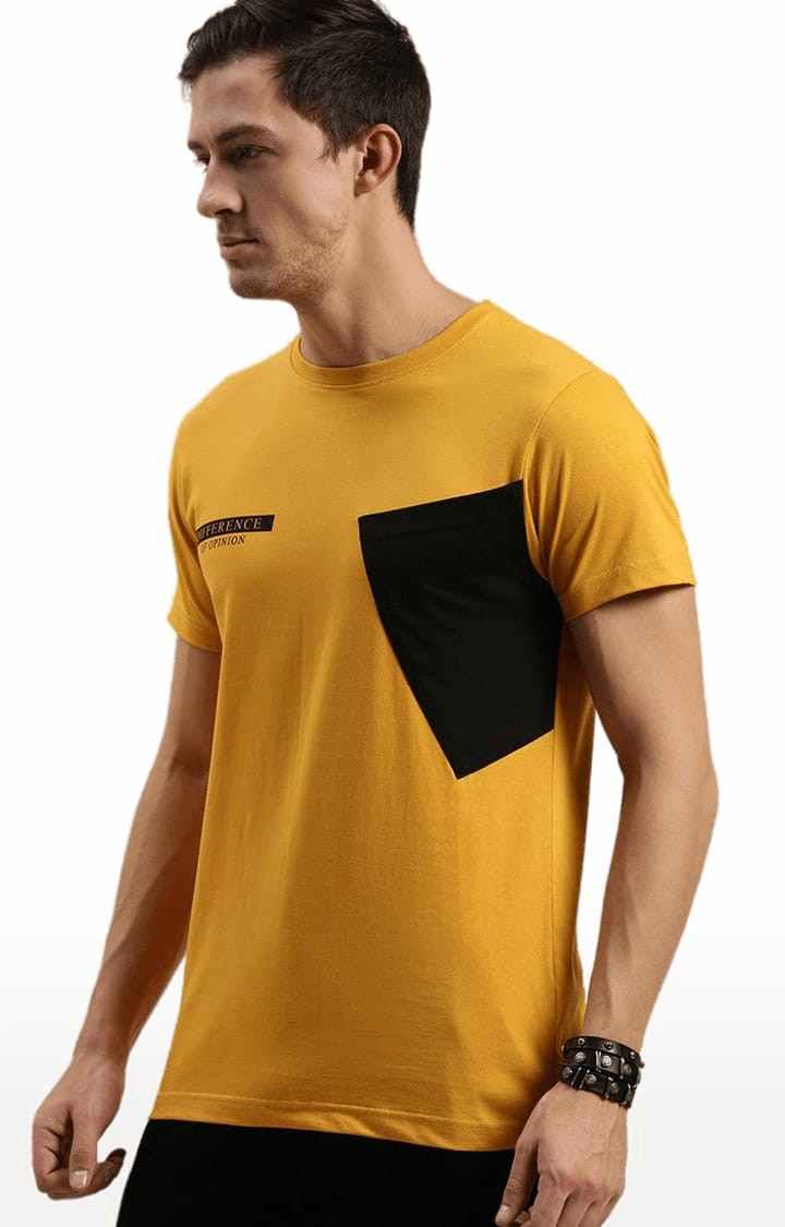 Men's Yellow Cotton Colourblocked Regular T-Shirt