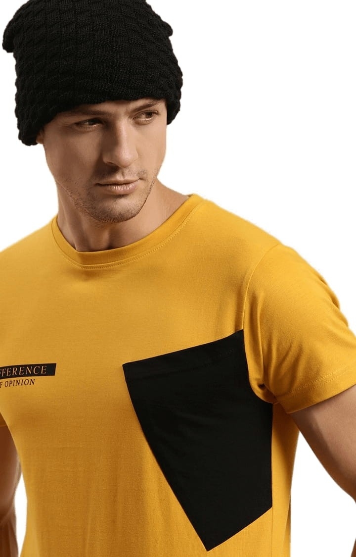 Men's Yellow Cotton Colourblocked Regular T-Shirt