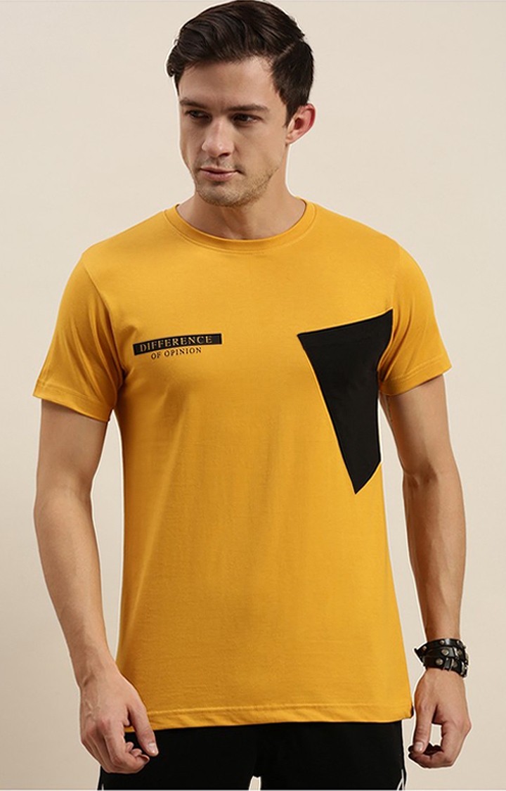 Men's Yellow Cotton Colourblock Regular T-Shirt