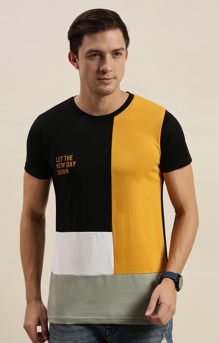 Men's Black Cotton Colourblock Regular T-Shirt