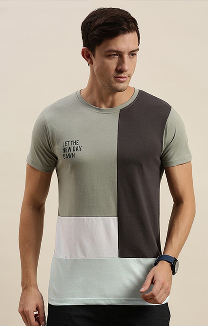 Men's Grey Cotton Colourblock Regular T-Shirt