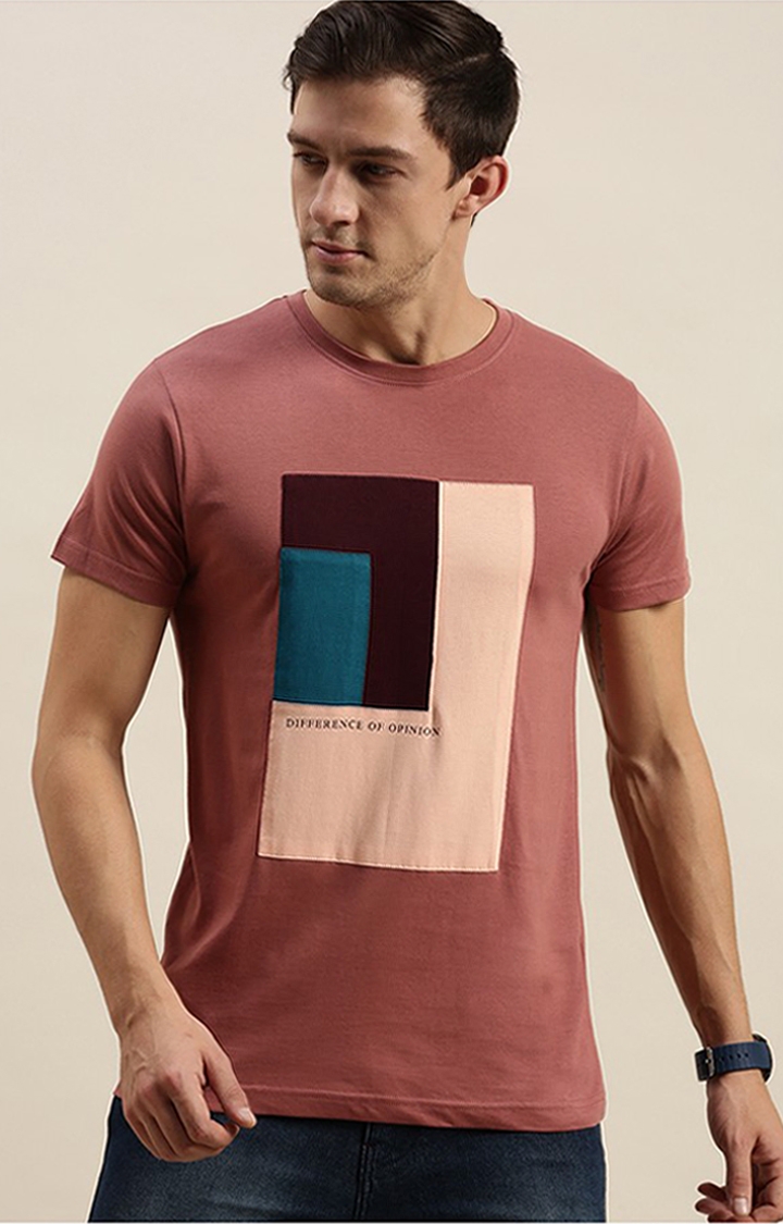 Men's Pink Cotton Colourblock Regular T-Shirt