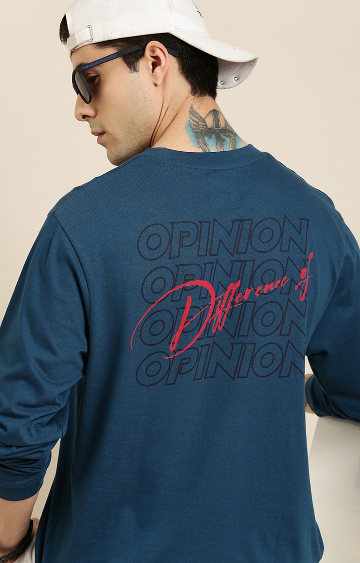 Men's Blue Cotton Typographic Printed Sweatshirt