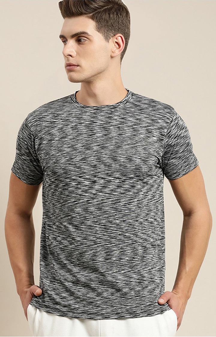 Men's Black Polyester Textured Regular T-Shirt