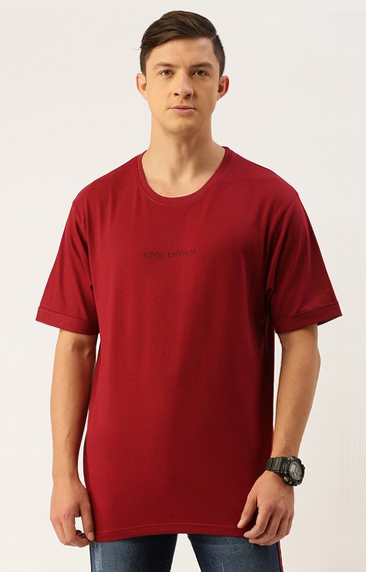 Men's Red Cotton Solid Oversized T-Shirt