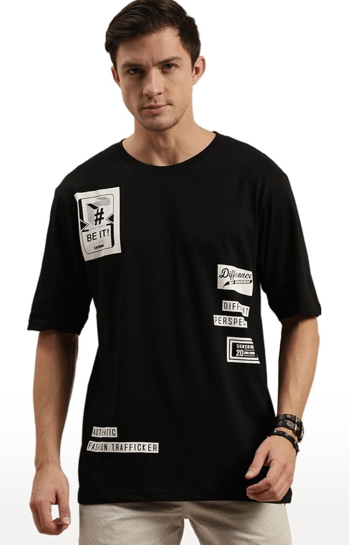 Men's Black Cotton Printed Oversized T-Shirt