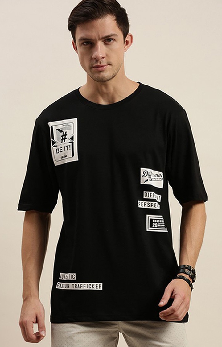 Men's Black Cotton Printed Oversized T-Shirt