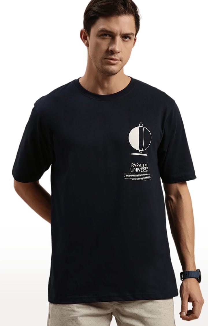 Men's Navy Cotton Printed T-Shirt