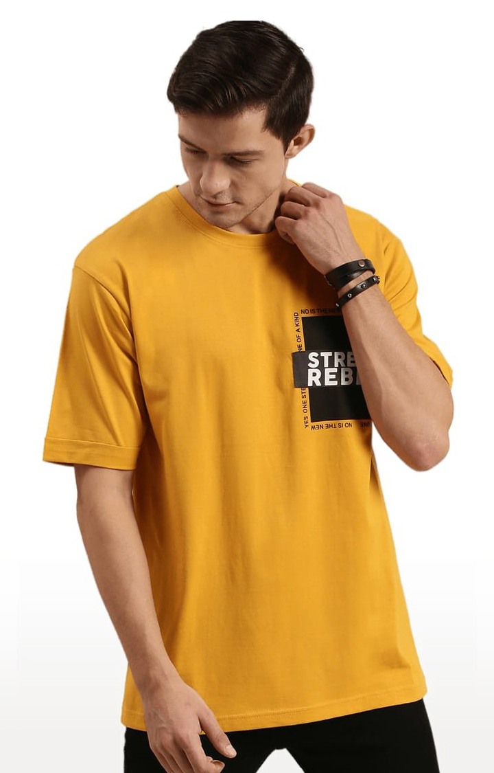 Men's Yellow Cotton Typographic Printed Oversized T-Shirt