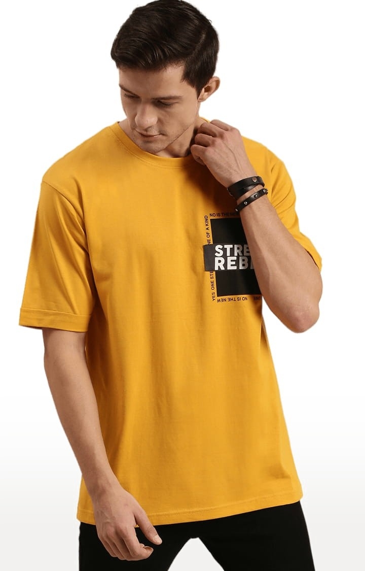 Men's Yellow Cotton Printed T-Shirt