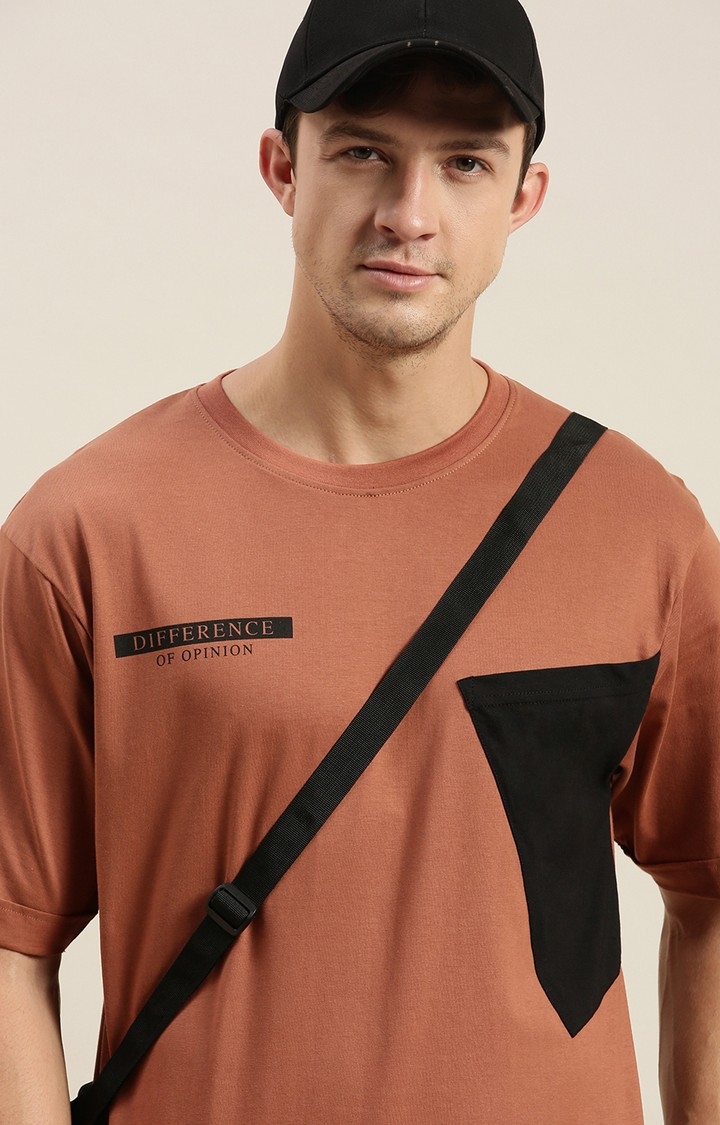 Difference of Opinion Brown Colour-block Oversized T-Shirt